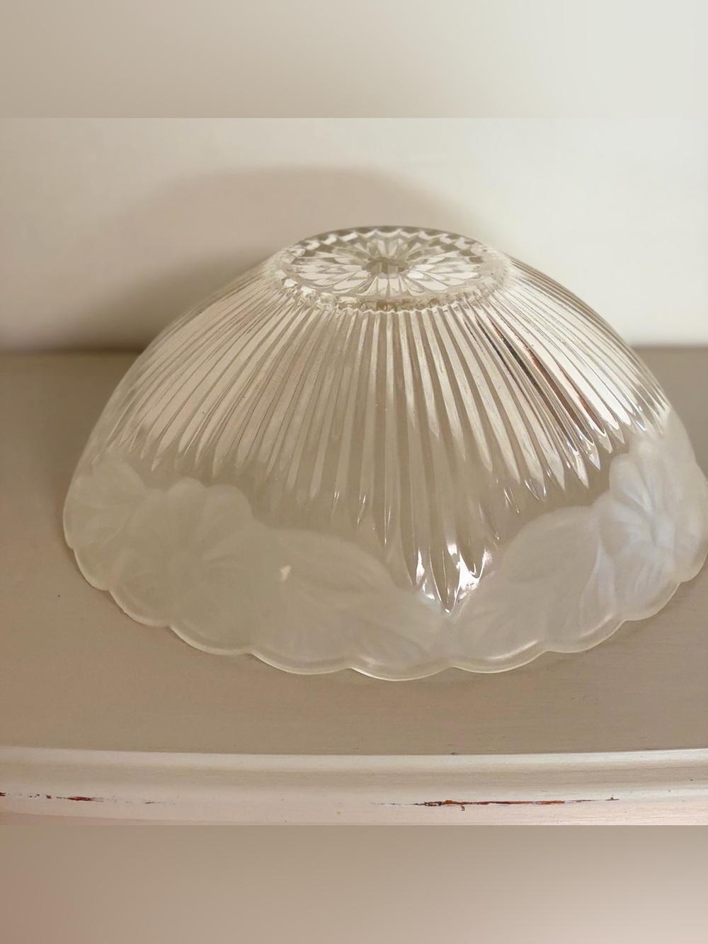 Frosted and Clear Ribbed Glass Downed Shade With Floral Design 11” Diameter